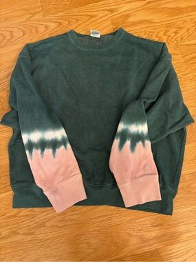 PINK Victoria's Secret Dark Green Crewneck with Pink Tie-Dye Sleeves